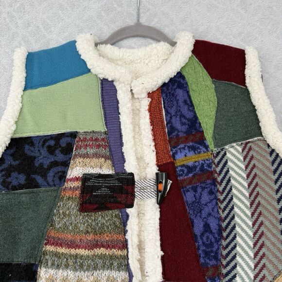 Handmade Sherpa Patchwork Vest Womens XL Wool Funky Artsy Hippie Boho Gypsy 70s - Picture 2 of 11